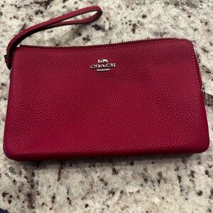 Coach Cherry Red Double Zipper Pebbled Leather Wristlet Wallet